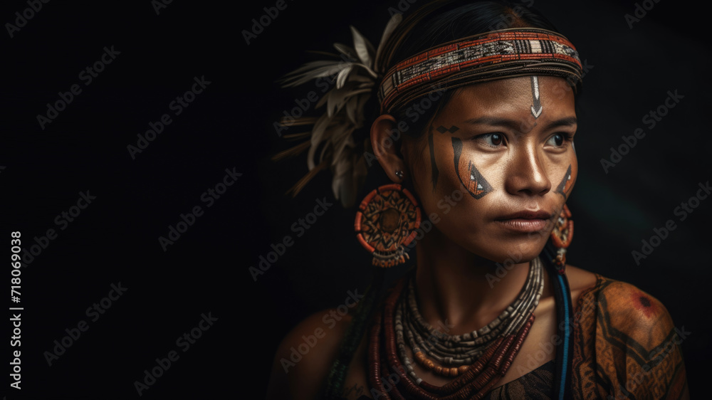 Portrait of a mature native indian woman wearing in the traditional headdress and ethnic jewelry on the black background with copy space