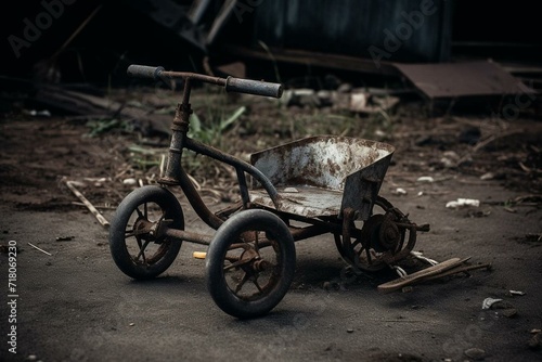 An forsaken toddler tricycle in an isolated and disregarded area. Generative AI