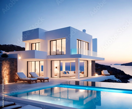 The image depicts a modern, luxurious house with a spacious outdoor area and a swimming pool. The house is characterized by its minimalist design, large glass doors, and white walls
