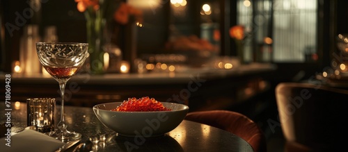 In the dimly lit dining room, a romantic still-life of a caviar dish on ice captivated the onlookers, its glistening pearls invitingly beckoning them to indulge in its luxurious taste. photo