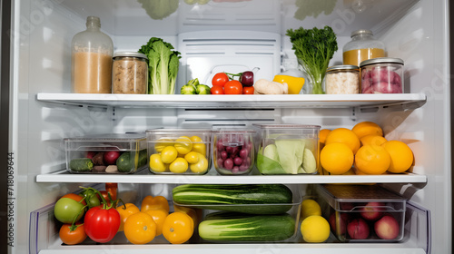 healthy fruits and vegetables in refrigerator shelfs