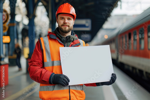 Arbeiter auf einem Bahnhof hält ein leeres Plakat in den Händen