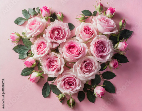 Pink romantic roses with leaves arranged in the shape of a heart on a pink solid background  Valentine s Day  love