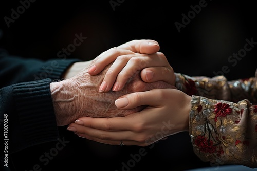 Young hands hold senior hands. Family, love, care, concept. Generative AI.