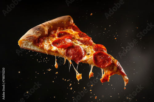 Template with delicious tasty slice of pepperoni pizza flying on black background photo