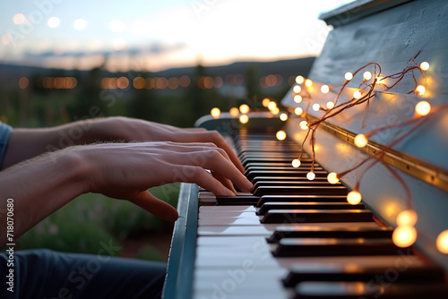 male hands of a person playing the piano pressing the keys. bokeh lights in the background. outside in the nature playing music instrument. photo