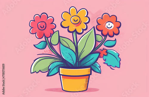 Smiling flower with cute daisy cartoon on peach background. Cartoon characters flowers in pot on white background. Gardening concept. Cartoon minimal style flowerpot for house