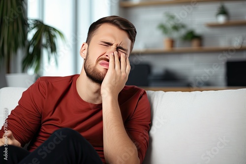 Young Man Feeling Stressed with a Headache at Home on the Couch