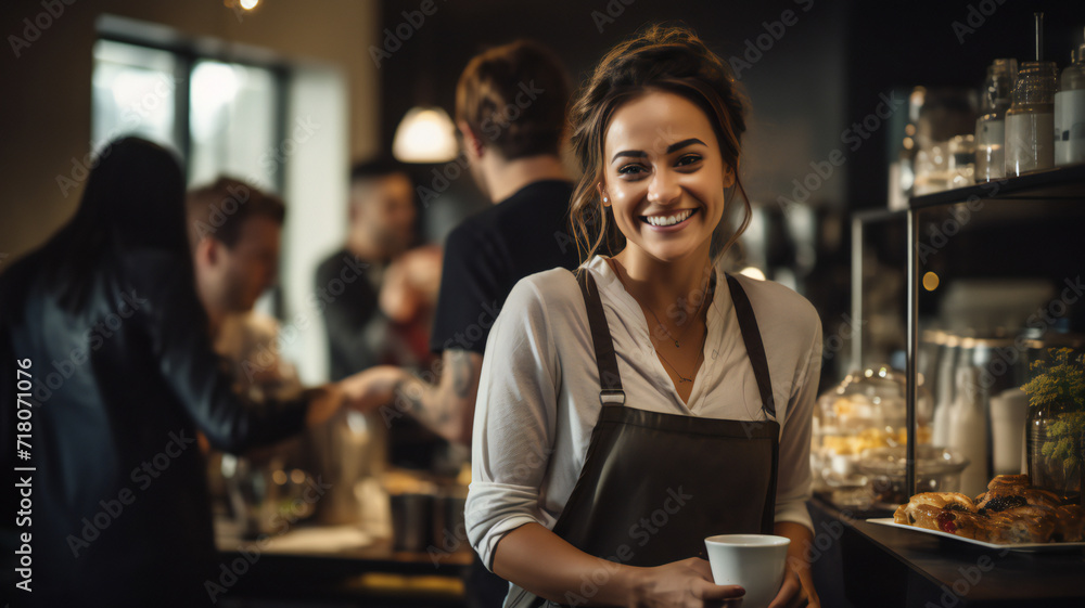 Young barista serving coffee. Smiling beautiful woman in apron serving a big cup of coffee to a customer in a modern cafe, bar