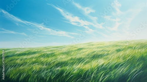A peaceful meadow scene, the grass depicted as soft, flowing silk in various shades of green, under a clear blue sky.