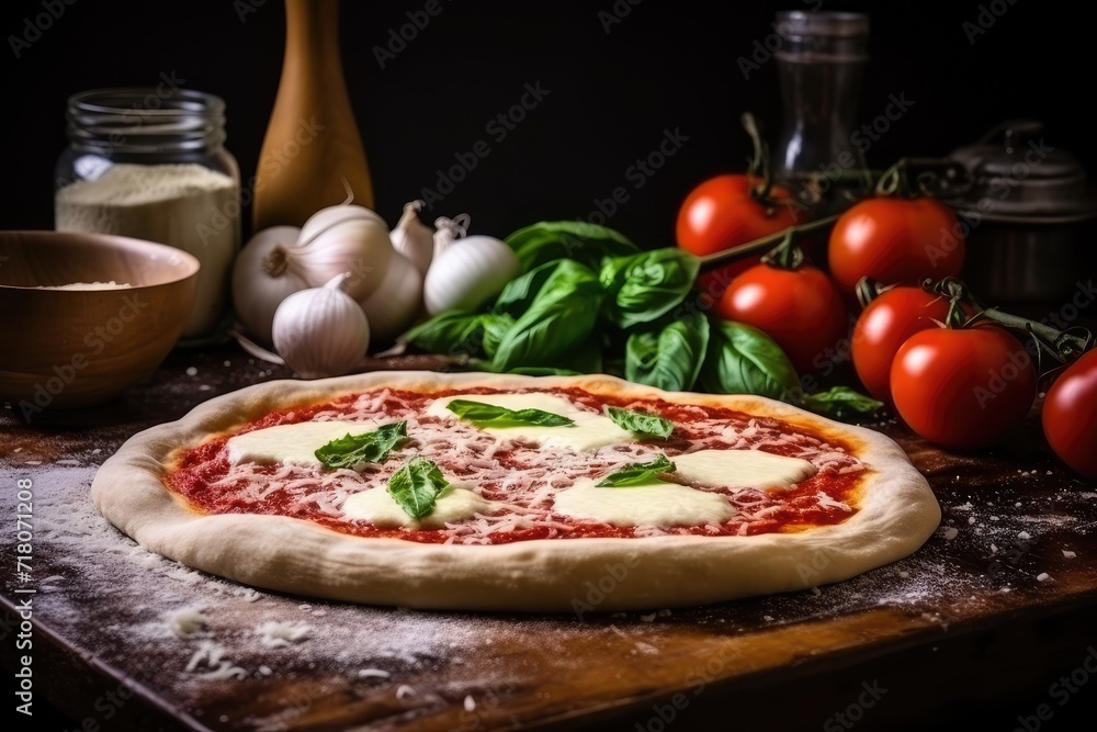 Unbaked Pizza with Fresh Basil and Mozzarella on Rustic Kitchen Counter