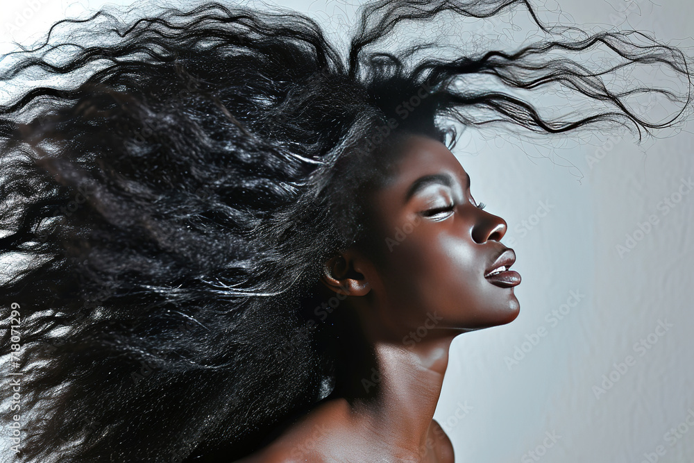 beautiful black african american young female model woman shaking her beautiful afro hair in motion. ad for shampoo conditioner hair products. isolated on white background