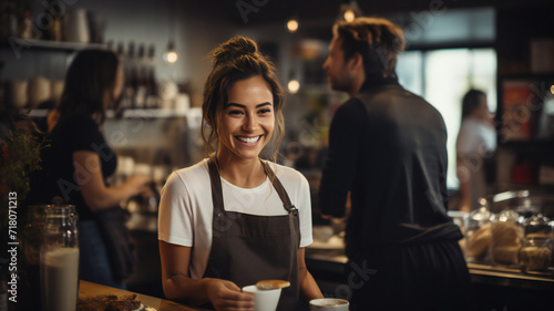 Young barista serving coffee. Smiling beautiful woman in apron serving a big cup of coffee to a customer in a modern cafe  bar