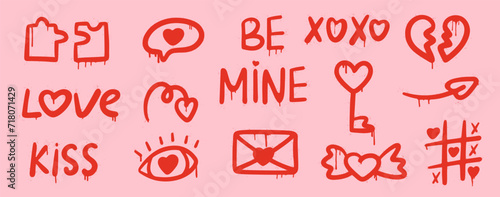 Set graffiti clip art. Urban street style. Valentine day elements. Y2k love set. Collection of heart, puzzle, eye, arrow, key, letter, tic tac toe. Splash effects and drops. Grunge and spray texture.
