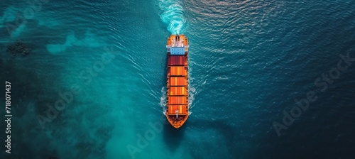 Container cargo ship sailing in the sea under a clear sky with calm ocean waters in aerial view.