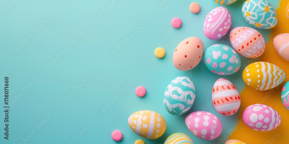 painted Easter eggs on a pastel yellow-blue background, banner, copy space