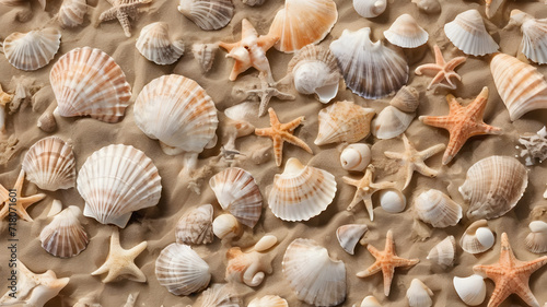 Summer concept with sandy beach  shells. as summer background.  AI generated image  ai