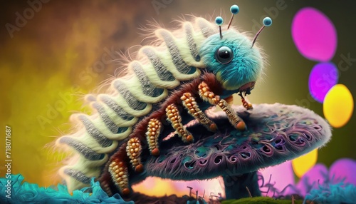 Fantasy caterpillar on a mushroom. 3d render illustration. Generative AI. photo