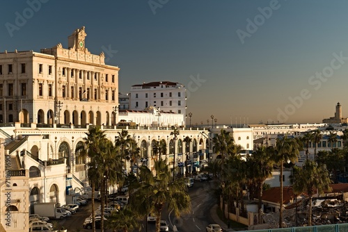 View of Consular Palace and Admiralty Lighthouse at sunrise in Casbah historic district in Algiers city. Algeria. Africa.