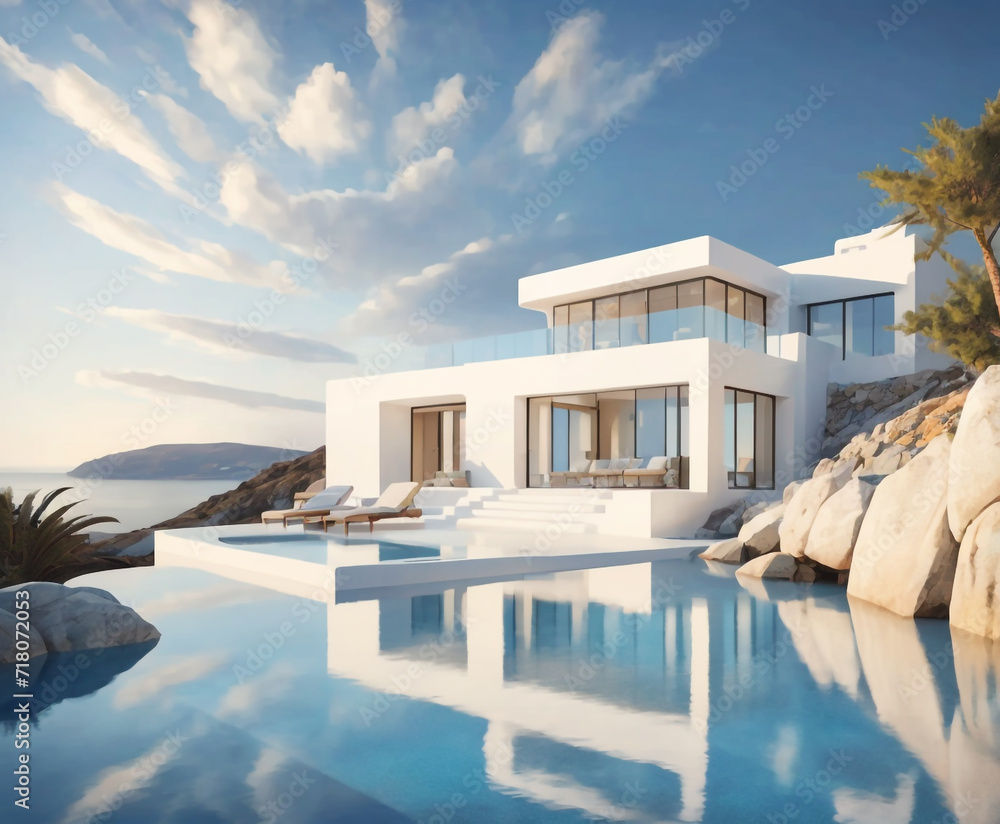 The image depicts a modern, luxurious house with a spacious outdoor area and a swimming pool. The house is characterized by its minimalist design, large glass doors, and white walls.