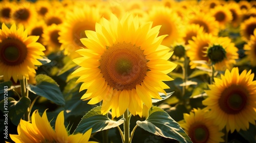 A field of sunflowers basking in bright summer sunlight.