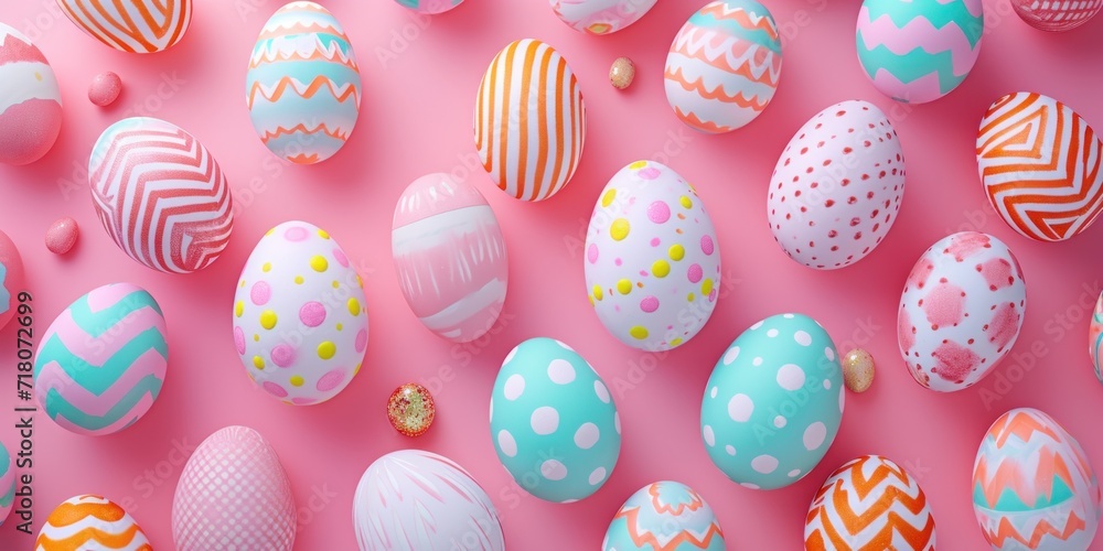 painted Easter eggs on a pastel pink background, banner painted Easter eggs on a pastel pink background, banner