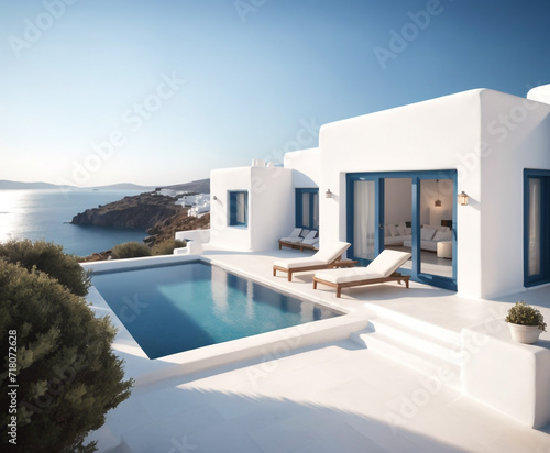The image depicts a modern, luxurious house with a spacious outdoor area and a swimming pool. The house is characterized by its minimalist design, large glass doors, and white walls.