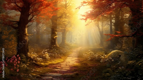 A forest path covered in autumn leaves, lit by soft sunlight.
