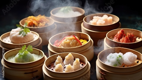 Various kinds of dim sum steaming in containers made of bamboo. generative AI