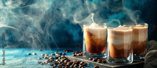 Steaming layered lattes with a swirl of caramel, enshrouded in morning mist and coffee beans scattered artfully nearby photo