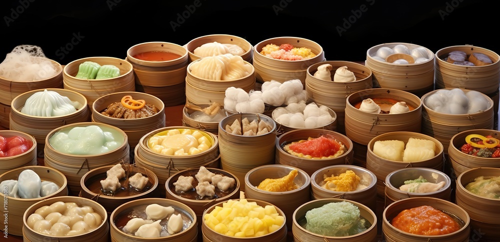 Various kinds of dim sum in containers made of bamboo. generative AI