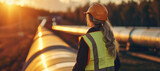 An engineer surveys a pipeline at sunset, her reflective safety vest and hardhat a testament to industry and safety