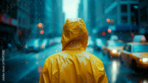 AI generated illustration of a man in yellow raincoat standing on urban street with traffic