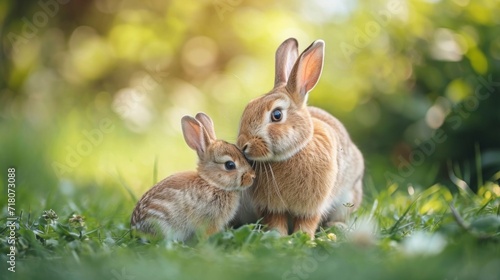 AI-generated illustration of the mother rabbit with its baby pictured in a green meadow © Wirestock