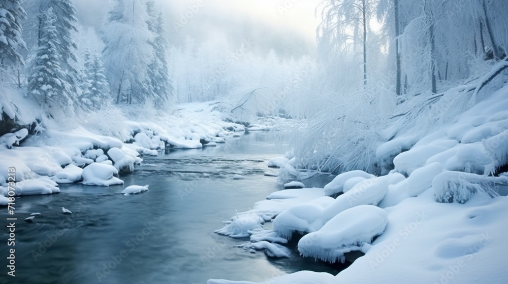 A frozen river winding through a snowy winter landscape. A frozen river winding through a snowy winter landscape.