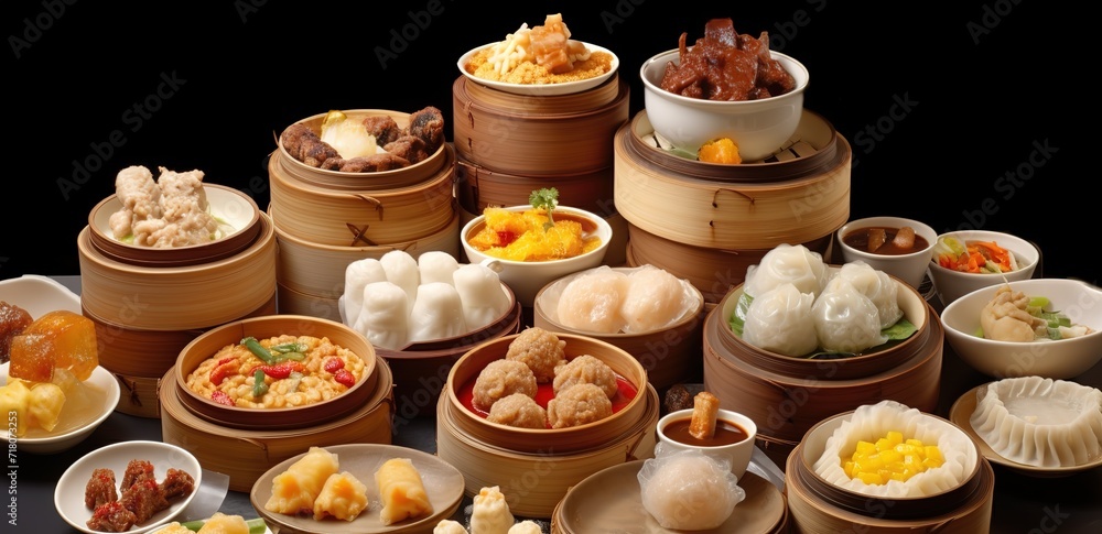 Various kinds of dim sum in containers made of bamboo. generative AI