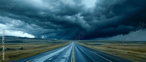 Dramatic storm clouds loom over an endless highway, casting a brooding atmosphere on the serene plains