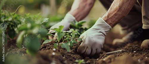 In the warmth of golden hour, a dedicated gardener tends to young plants, nurturing growth with a gentle touch