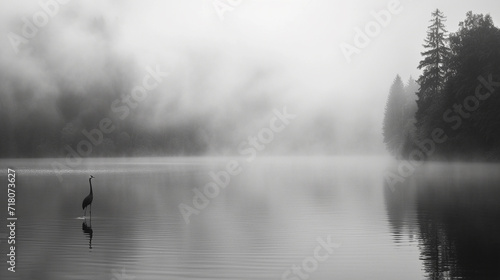 A crane on a lake in the forest in dense fog, black and white image photo