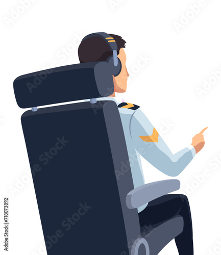 Airplane cockpit pilot. Back view of crew flying airplane. Pilot or copilot inside cockpit during flight. Vector cartoon illustration