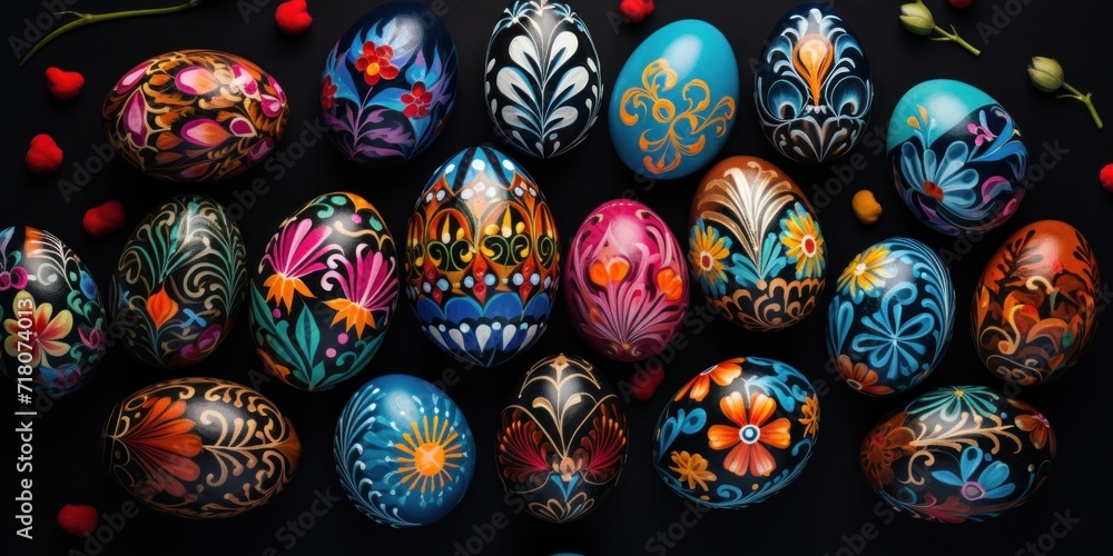 dark background of beautifully painted Easter eggs, banner, copy space dark background of beautifully painted Easter eggs, banner, copy space