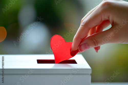 Female hand put red paper heart into slot of white box. Charity, donation, election, fundraising, help, love, gratitude concept photo
