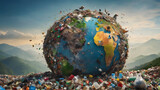  Dirty polluted water with garbages of heap of litter and the globe . Environment pollution concept. AI generated image