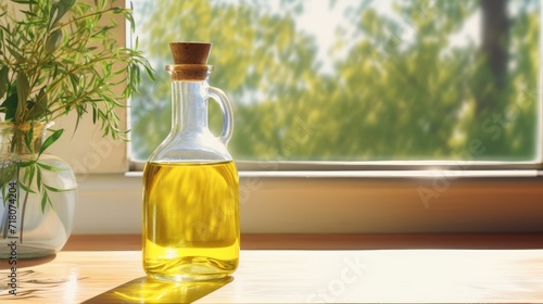 Sunlit Window Display Featuring a Clear Glass Bottle of Olive Oil and Fresh Herbs