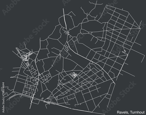 Detailed hand-drawn navigational urban street roads map of the RAVELS COMMUNE of the Belgian municipality of TURNHOUT, Belgium with vivid road lines and name tag on solid background