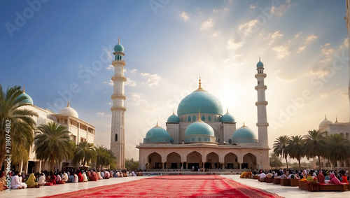 Celebrating eid ul fitre with mosque and islamic background