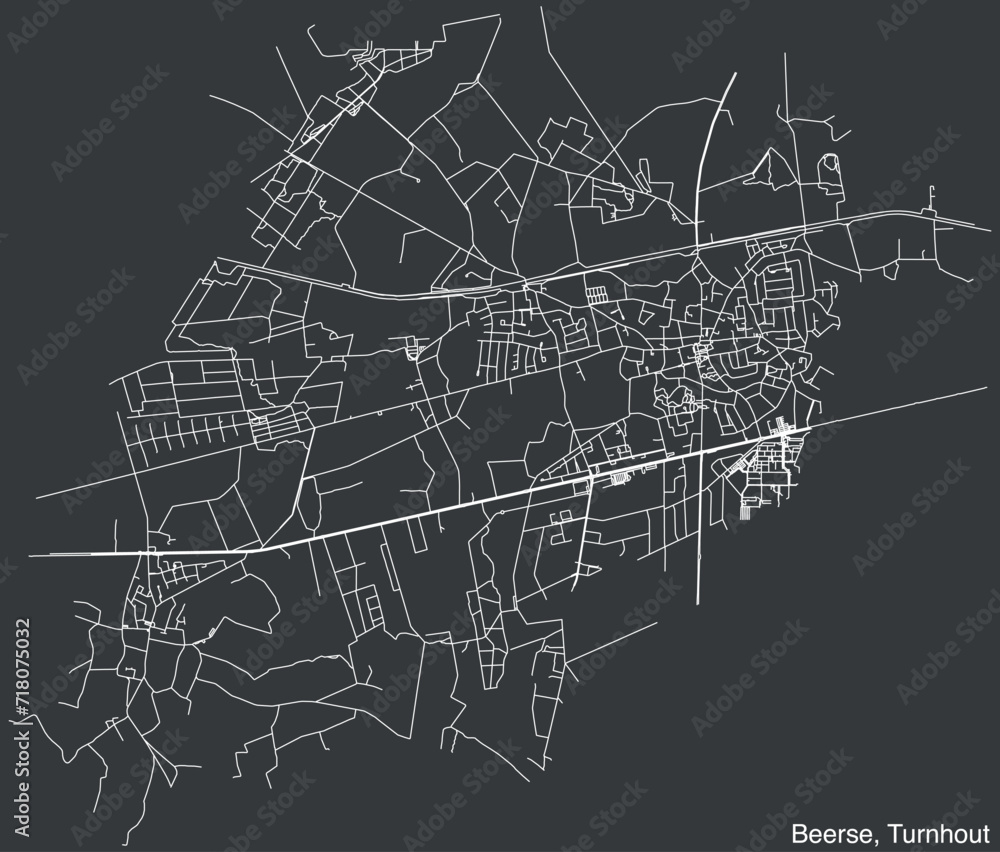 Detailed hand-drawn navigational urban street roads map of the BEERSE COMMUNE of the Belgian municipality of TURNHOUT, Belgium with vivid road lines and name tag on solid background
