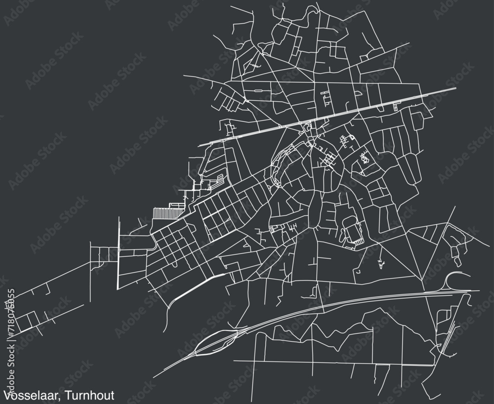 Detailed hand-drawn navigational urban street roads map of the VOSSELAAR COMMUNE of the Belgian municipality of TURNHOUT, Belgium with vivid road lines and name tag on solid background