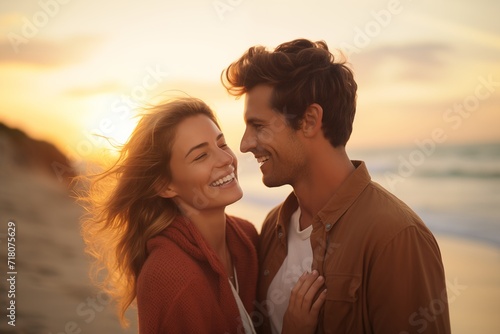 Romantic Couple Embracing on Beach at Sunset © Chanakan