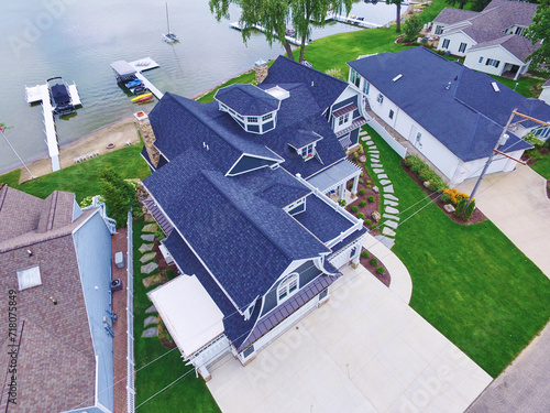 Aerial View of Luxury Waterfront Homes in Suburban Michigan photo